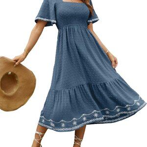 Women's Short Sleeve Smocked Square Neck A Line Summer Flowy Maxi Long Dress